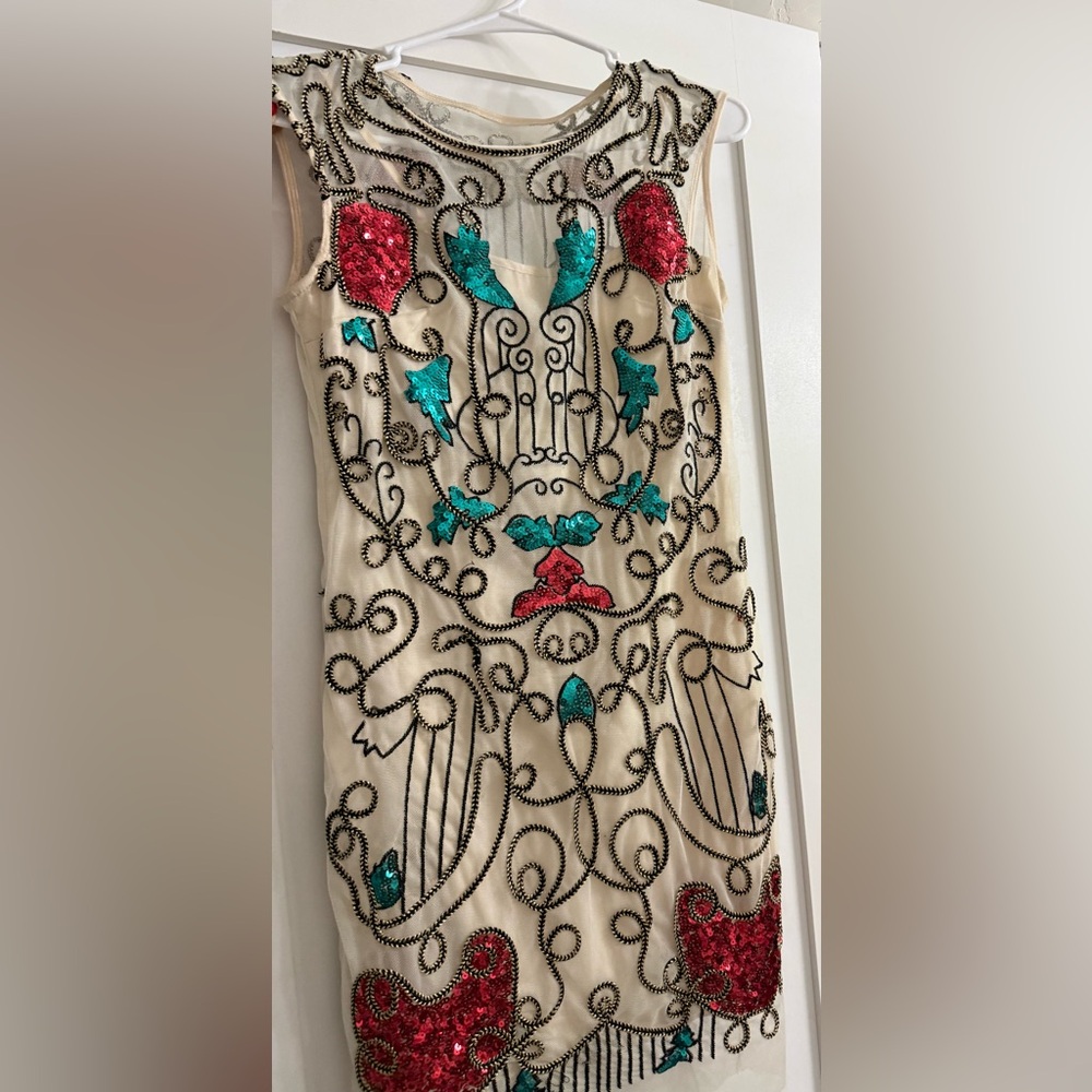 Karen Millen Ivory Mini Dress with Teal & Red Sequin Accents size 6